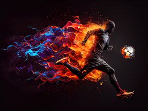 essence soccer player motion as they kick ball with intense energy surrounded by vibrant colors splashes