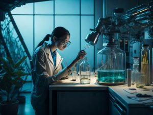 lovely little girl scientist enjoy excite examine color chemical laboratory by using d