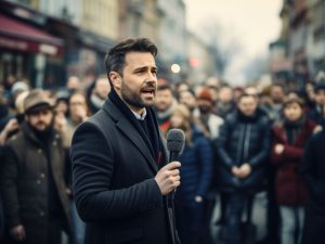man hlding mic public space