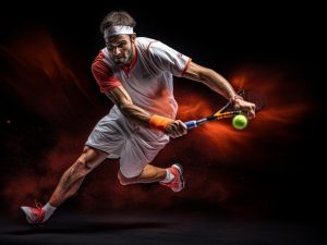 man playing tennis with red background black background with red background