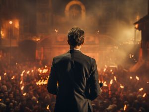 politician deputy speaks stage front crowd people citizens generative ai 1