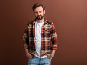 portrait handsome attractive stylish bearded man brown