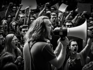protester with megaphone addressing crowd supporters