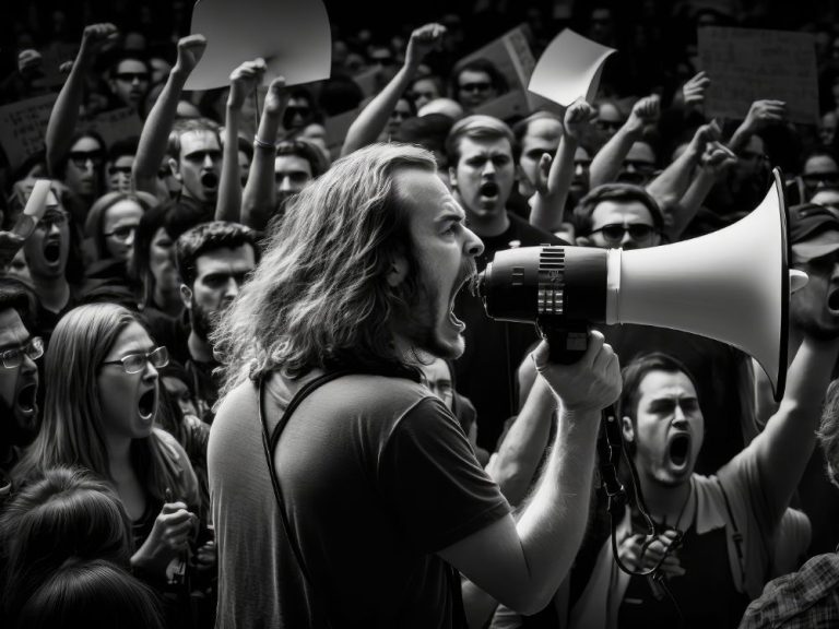protester with megaphone addressing crowd supporters