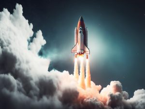 rocket launch startup with fire flames cloud smoke starry sky background airplane shuttle taking off into depths space spaceship trip atmosphere