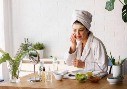 How to Build a Simple At-Home Skincare Routine Woman having skin care at home